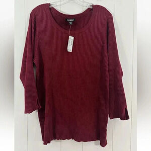 Roz & Ali Size 2X Burgundy Red Knit Long Tunic Top Shirt 3/4 Sleeve